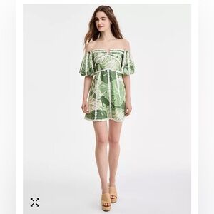 RACHEL Rachel Roy Green Tropical Print Off-Shoulder Mini Dress